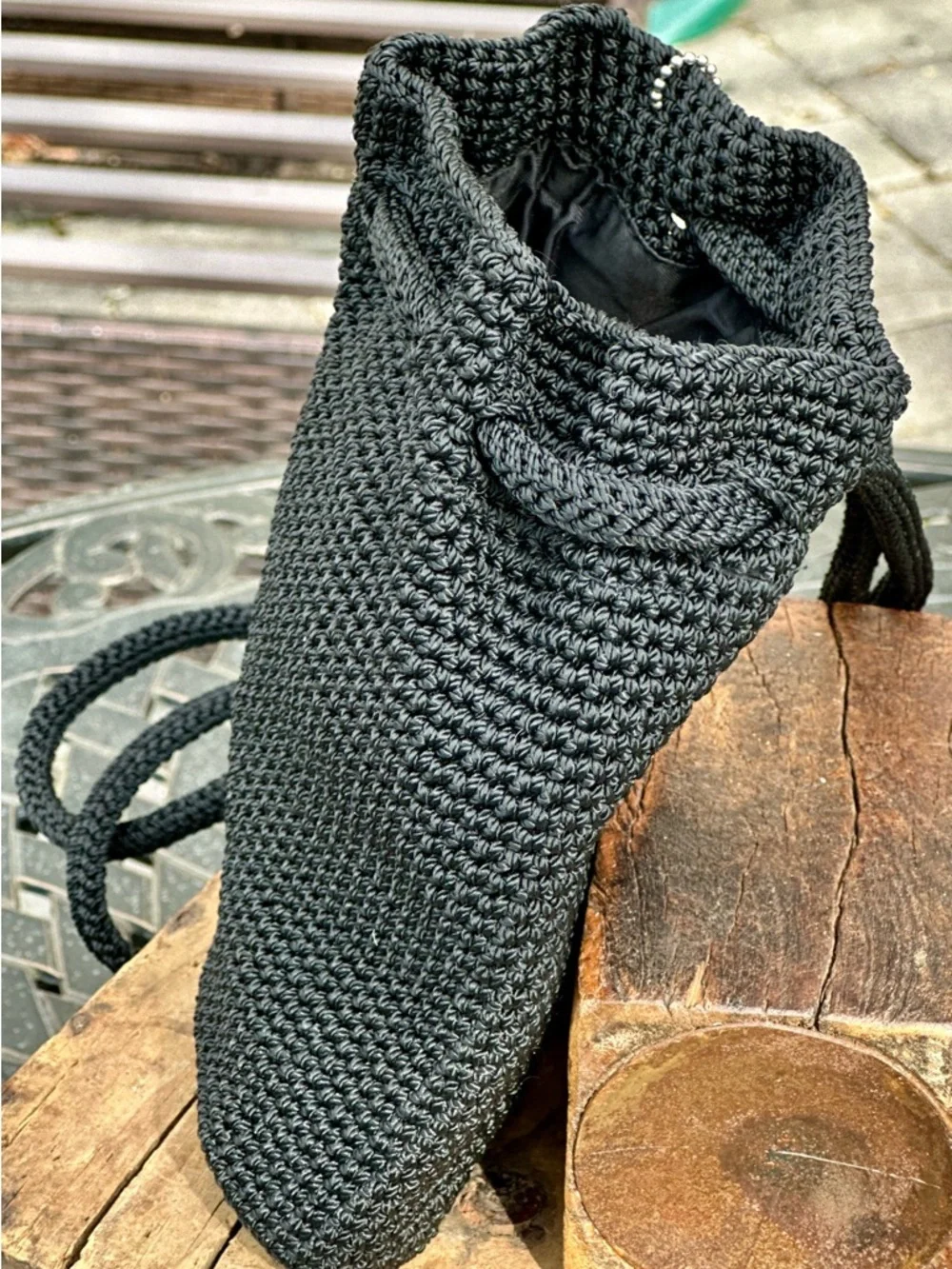 The Sak Black Crochet Bucket Bag Drawstring Crossbody Boho Backpack Purse